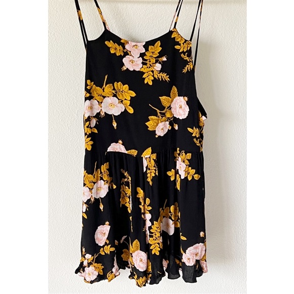 Free People Pants - Free People Boho Black Yellow Floral Romper with Pockets Size Medium